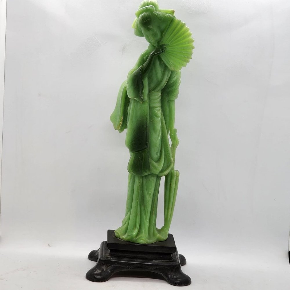 vintage Japanese Geisha with fan and parasol Jade green figure on a stand Italy.